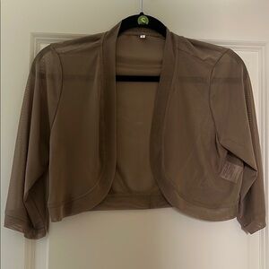 NWOT Khaki Brown 3/4 Sleeve Sheer Open Front Mesh Cropped Cardigan Shrug Size S
